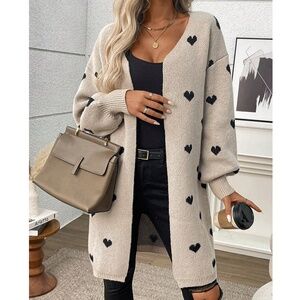 Plus Heart Print Knit Open Front Loose Fit Cardigan